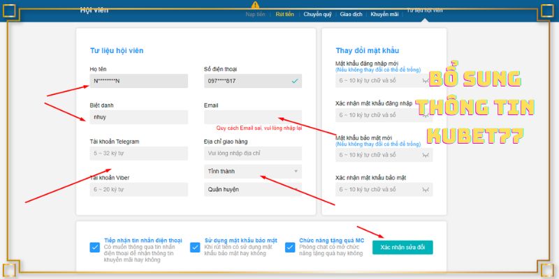 Mẫu bổ sung thông tin tài khoản sau khi đăng nhập Kubet77