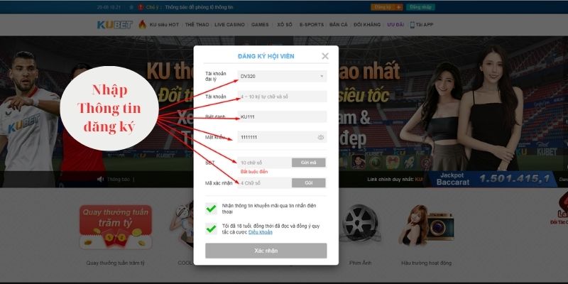 Nhập thông tin trong mẫu đăng ký Kubet77 yêu cầu